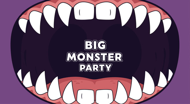 Cartoon illustration of a wide open purple monster mouth with numerous sharp white teeth and the text big monster party.