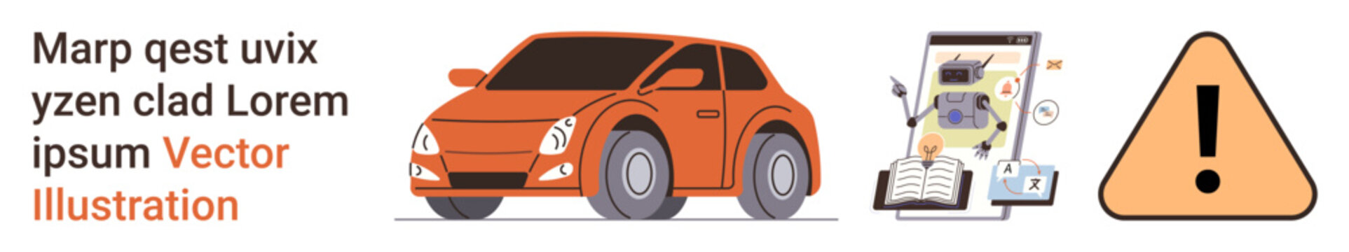 Automotive safety, mobile apps, navigation assistance, caution, technology in vehicles, hazard awareness. Orange car, mobile app interface warning sign. Automotive safety and navigation assistance