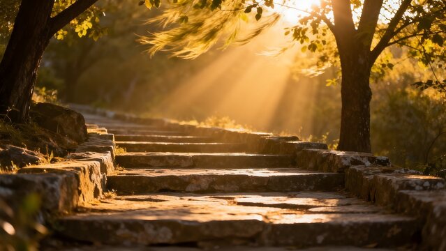 Stone steps in a sunlit forest