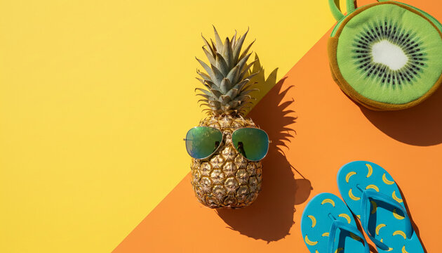 Golden pineapple wearing sunglasses, with kiwi bag and banana flip-flops on orange and yellow background, symbolizing summer fun and vacation