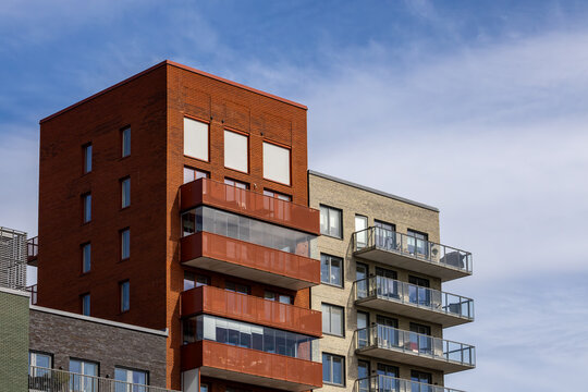 Stockholm, Sweden  Modern residential apartment building house facades in the Taby Park district.