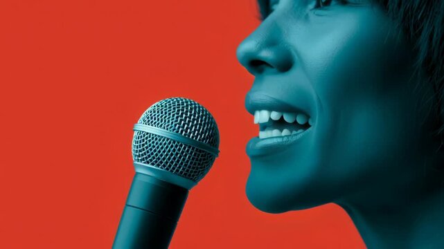 African American woman singing into a microphone with vibrant orange background, showcasing her expressive facial features and vocal engagement in a close-up shot