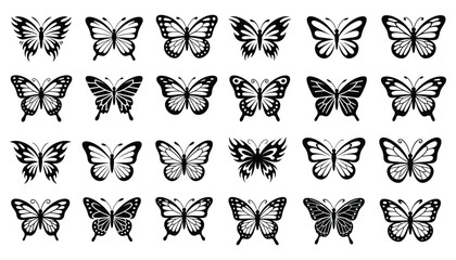 Collection of various detailed black butterfly silhouettes isolated on a white background representing nature and transformation © MDJAHED