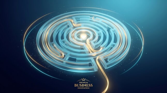 Maze construction glows with a golden light in the center representing the complex navigation of intricate business challenges and the strategic search for optimal solutions for growth.