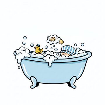 Cartoon Illustration of a Blue Bathtub with Bubbles Rubber Duck and Splish Splash Text 