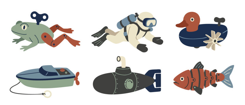 Vintage Water Toys Set Collection for Kids Bath Time Fun, Retro Clockwork Underwater Mechanical Characters Including Submarine Frog Diver Boat and Fish Illustrations Isolated on White Background