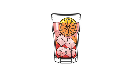 Obraz premium Refreshing glass of cold iced tea or a fruit cocktail filled with ice cubes and garnished with a fresh orange slice.