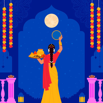 Karwa Chauth Moon Ritual Illustration
