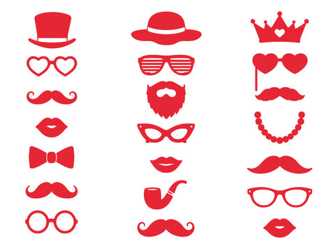 A set of red photo booth props including hats, glasses, mustaches, lips, and beards on transparent background. Party carnival collection.