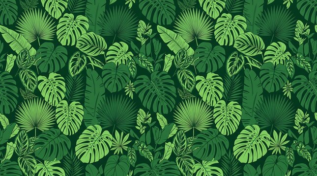 Tropical plants and leaves pattern fills the frame on a dark green background