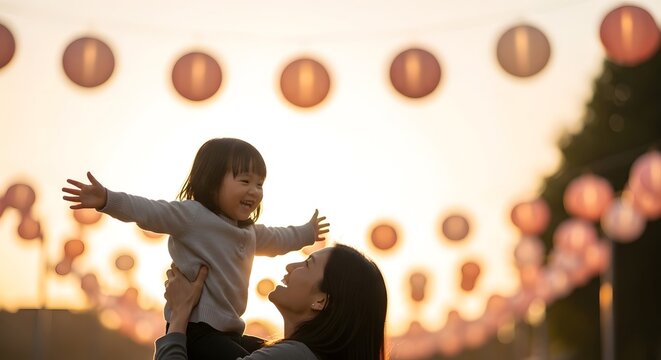 A loving mother lifts her happy toddler high against a beautiful sunset with glowing paper lanterns.