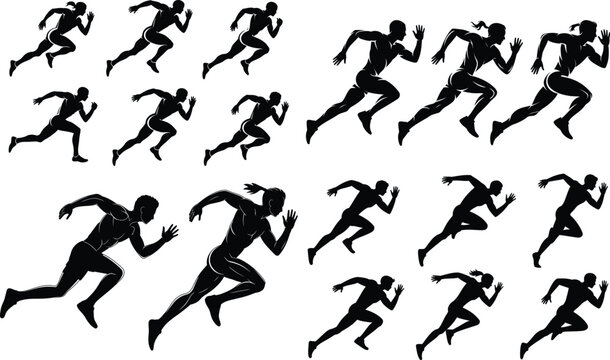 Silhouettes of athletes running in different poses, representing sprinting and racing, track and fie