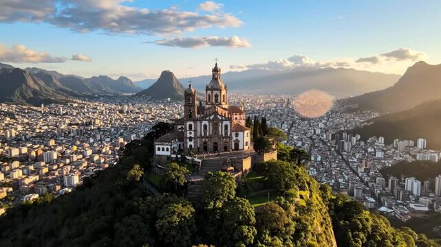 Aerial view of a beautiful church on a hilltop overlooking a city at sunset with mountains in the background