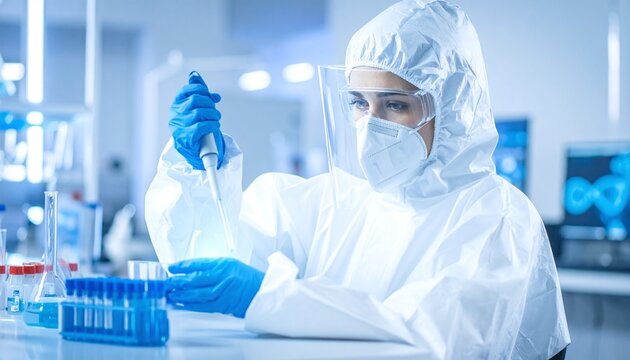A professional scientist in a protective hazmat suit conducts advanced research in a sterile, modern blue laboratory, using a micropipette for precise chemical testing and medical innovation.