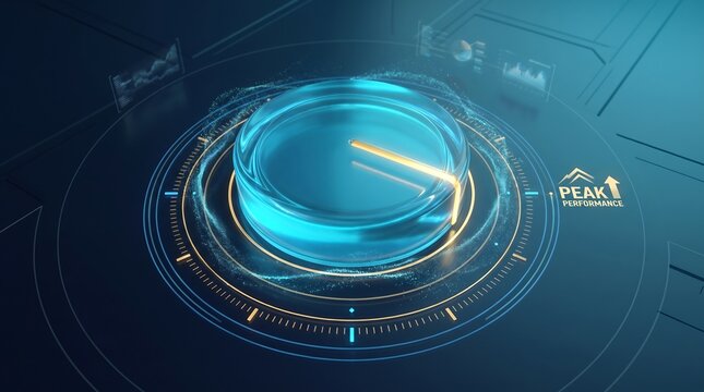 Control dial mechanism glows with soft blue luminescence while displaying complex digital data analytics and financial growth metrics designed for modern corporate interface monitoring systems.
