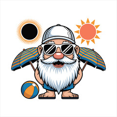 Naklejka premium Cartoon Gnome with Sunglasses and Beach Accessories