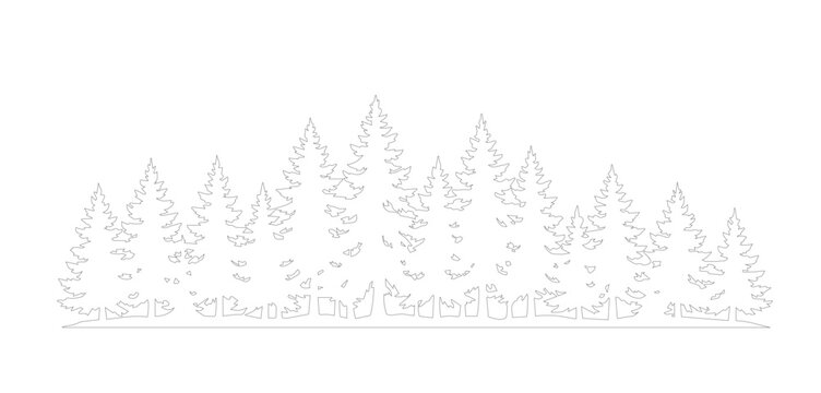 Minimalist pine forest line art vector, evergreen tree silhouette outline, coniferous woodland landscape border for nature branding and outdoor design
