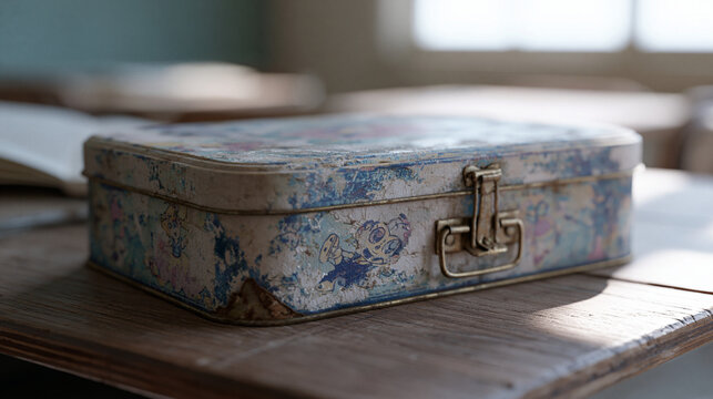 Single object detail of a vintage tin lunchbox with peeling cartoon decals resting on a school desk, the worn clasp and scuffed corner telling a tactile story of back to school seasons past across m