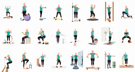 Fototapeta premium Comprehensive set of illustrations featuring a senior woman engaged in diverse fitness routines and strength training exercises using various gym equipment.
