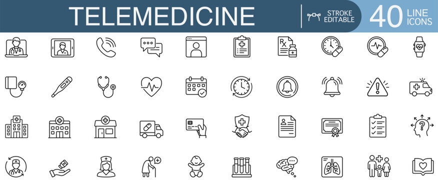 Telemedicine and online healthcare line icons doctor consultation, medical records, prescription and remote patient monitoring for health app
