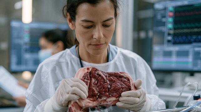 Pig organ preservation specialist in sterile gloves examining tissue viability through magnification lens inside organ care transport system, clinical perfusion monitoring screens and transplant log