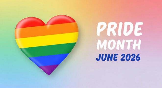 Rainbow heart symbol representing pride and love, with text announcing "PRIDE MONTH JUNE 2026", symbolizing celebration and inclusivity
