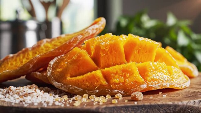 Close-up of a Freshly Cut Sweet and Juicy Mango, Ready to Eat, on a Wooden Surface with Herbs and Light