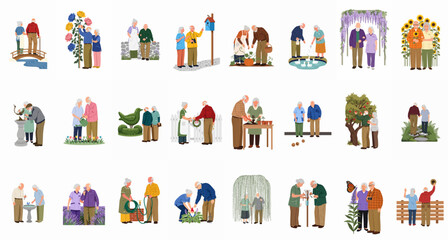 Illustrations of elderly couples engaging in various outdoor gardening and leisure activities together, showing an active and happy senior lifestyle.