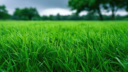 Obraz premium Lush green grass blades, dew drops, blurred trees and sky