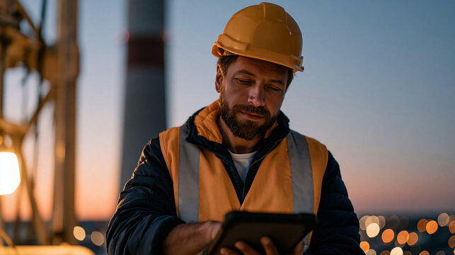 Industrial emissions monitoring technician in full safety gear operating a stack testing apparatus at a coal-fired power facility during twilight blue hour, recording flue gas data on ruggedized tab