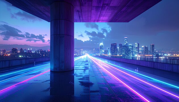 夜の都市インフラと光の軌跡の抽象表現 / Abstract urban infrastructure and light trails at night (Generative AI)