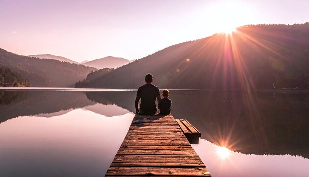 Capture a father and sons bond on a wooden pier at sunrise. This serene mountain lake landscape with golden sunbeams is ideal for family, travel, and emotional storytelling.