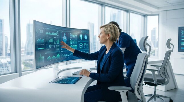 Businesswoman pointing at data on a large computer screen with a colleague