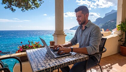 Obraz premium Focused professional enjoying remote work from a stunning coastal terrace with ocean views. Perfect for representing travel, business lifestyle, freedom, and the modern digital nomad life.