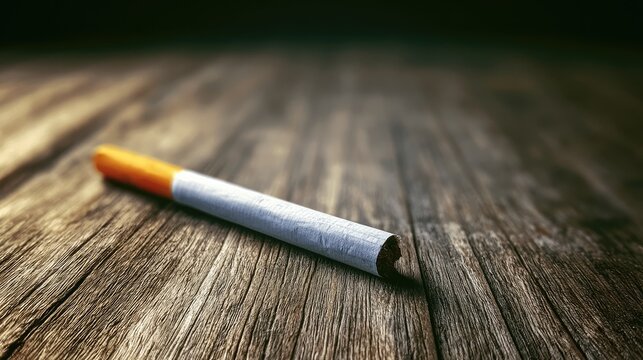 A single unlit cigarette rests on a weathered wooden surface