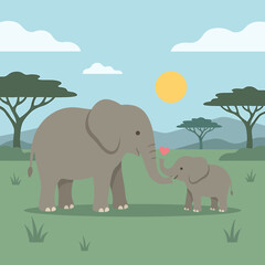 Fototapeta premium A heartwarming illustration of a mother elephant and her calf sharing a tender moment in a savanna landscape.