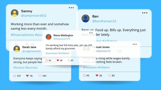 Financial stress discussion on social media interface mockup animation