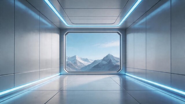 Futuristic corridor with mountain view