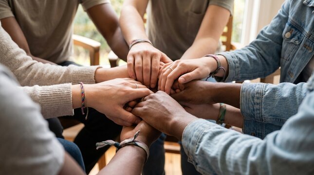 Intertwined hands of friends coming together in unity indoors  