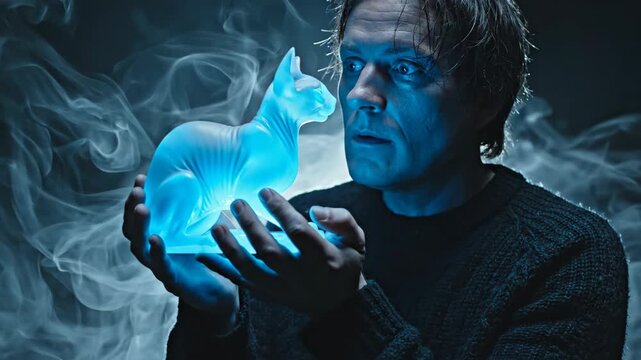 Surprised Caucasian Man Holding a Bright Glowing Blue Transparent Cat Sculpture Surrounded by Swirling White Smoke in Dark Atmospheric Cinematic Portrait