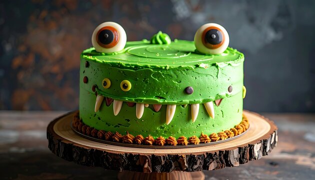 Green monster cake with candy eyes.