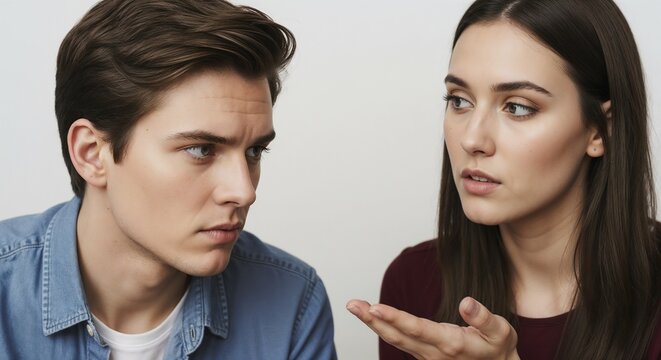 Young couple having disagreement with silent treatment during conversation. Tension arises as emotional expressions reveal frustration and confusion between partners.