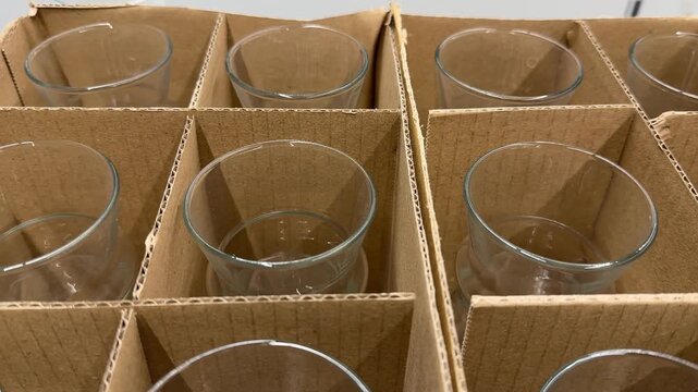 Glassware arranged in cardboard boxes for sale, viewed from above as a background