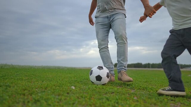 People play soccer on grass field outdoors. Players kick ball running on field. Soccer game with people playing together. Players chase ball on grass. People enjoy soccer outdoors on meadow.