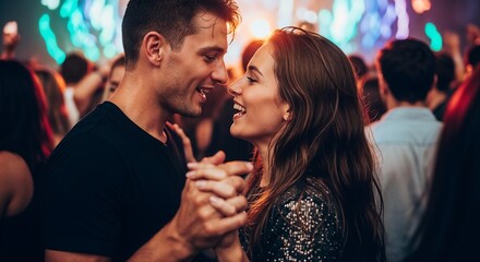 Fototapeta premium Romantic couple dancing together at concert surrounded by lively crowd with colorful lights. Dancing couple shares special moment, enjoying music and atmosphere.