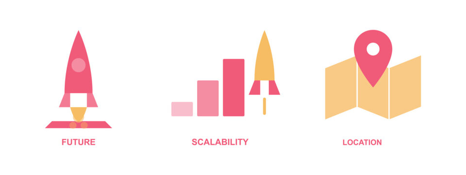 Future roadmap scalability and location pointer infographic style vector icons.