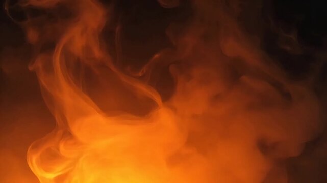 Close-up view of bright orange flames and smoke rising from a fire, creating an abstract pattern against a dark background