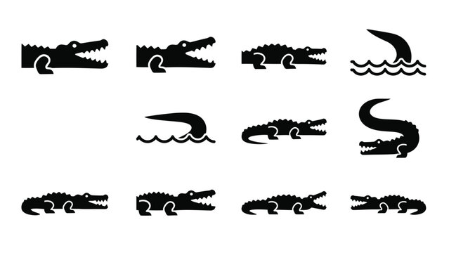 Collection of 12 black alligator vector icons showing various movements and poses.