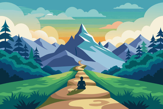 Serene individual meditates on a winding path towards majestic mountains under a vibrant sky