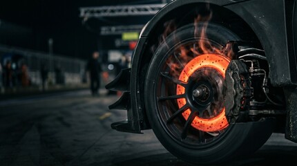 Obraz premium Glowing hot race car brake disc overheating after high speed track driving